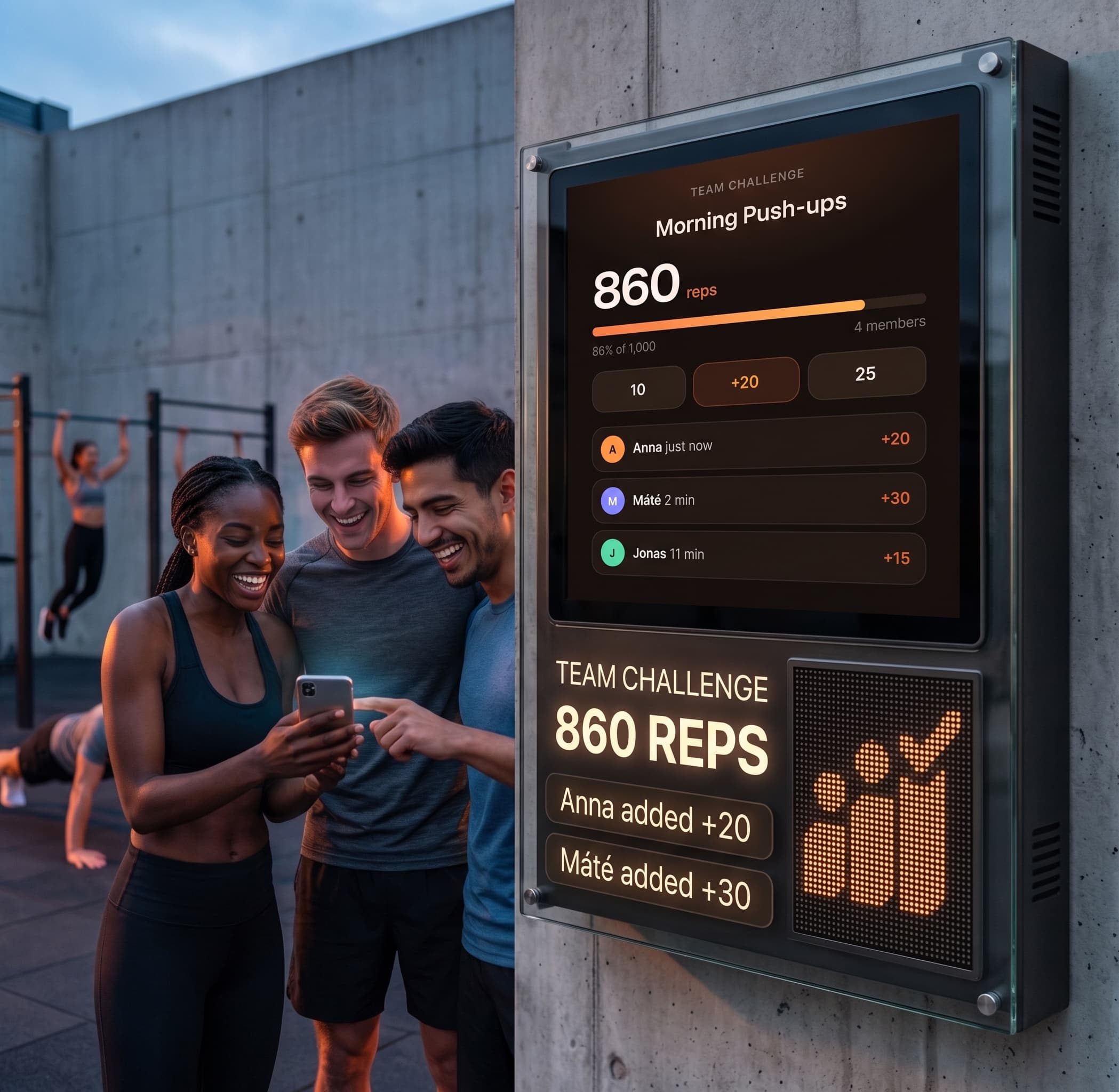 Friends at an outdoor gym watching their shared Metrico push-up total climb